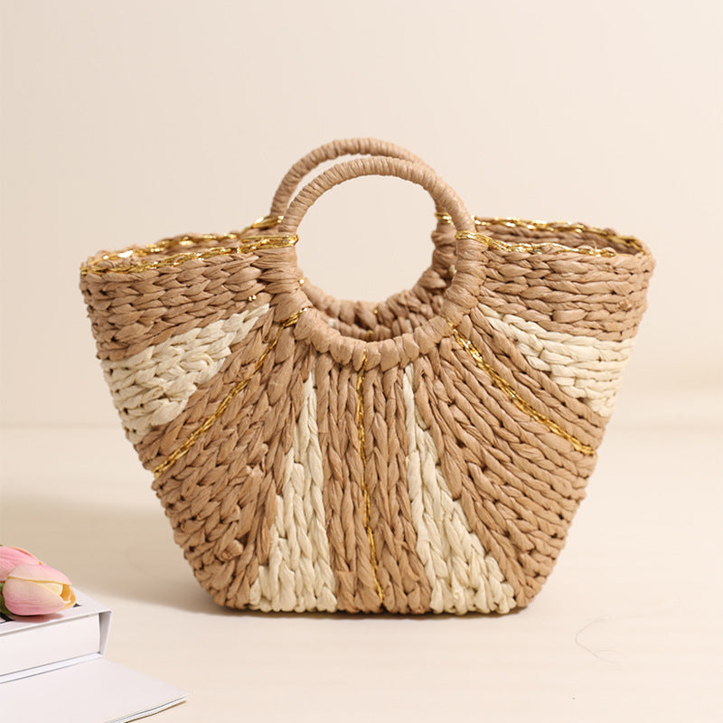 Pastoral Large Capacity Portable Straw-Weaved Bag Contrast Color Hand Carrying Straw Bag Woven Bag Vacation Beach Bag Vegetable Basket Bella Mia