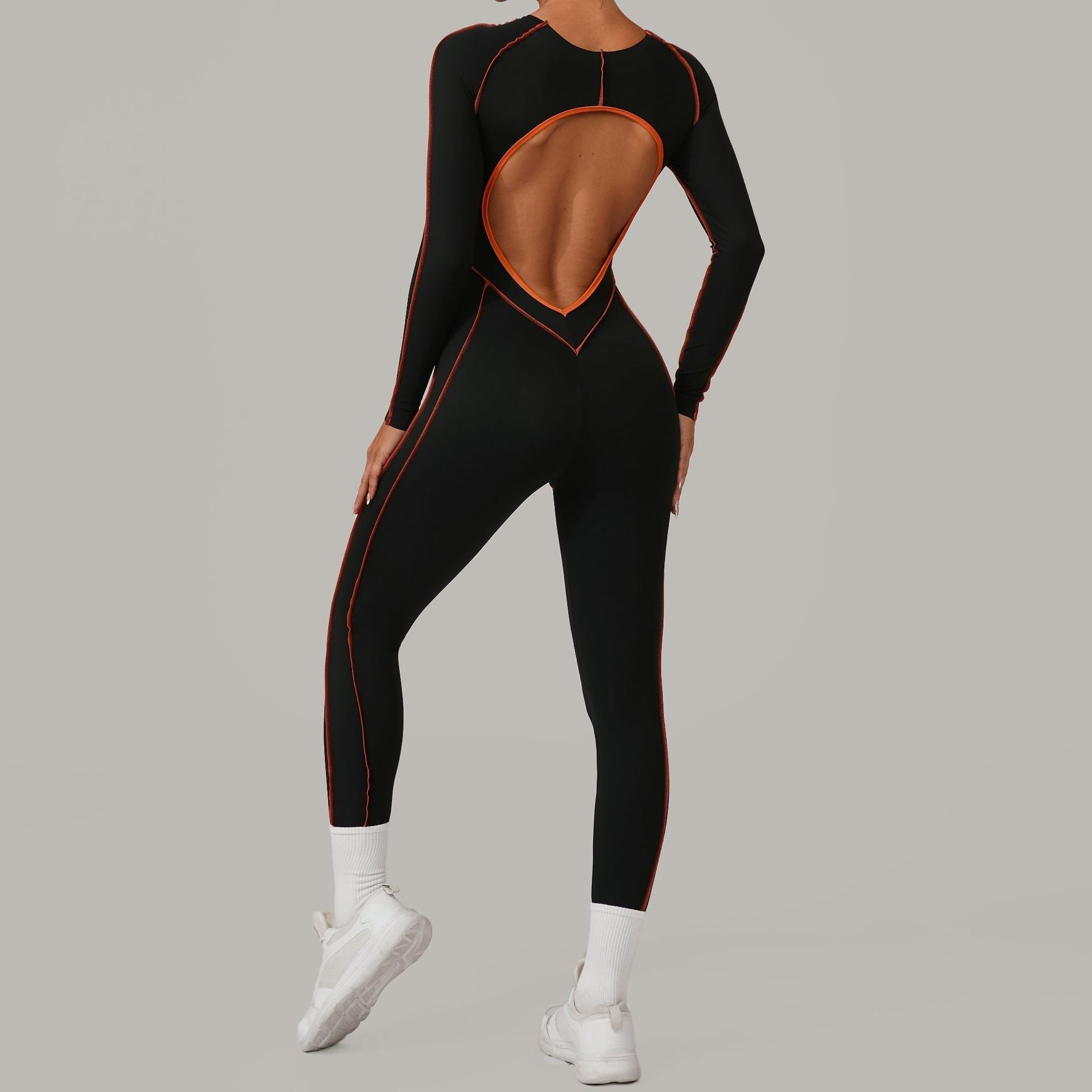 Three Dimensional Cut Color Matching Long Sleeve Yoga Jumpsuit High Strength Fitness Sports One Piece Tights Bella Mia