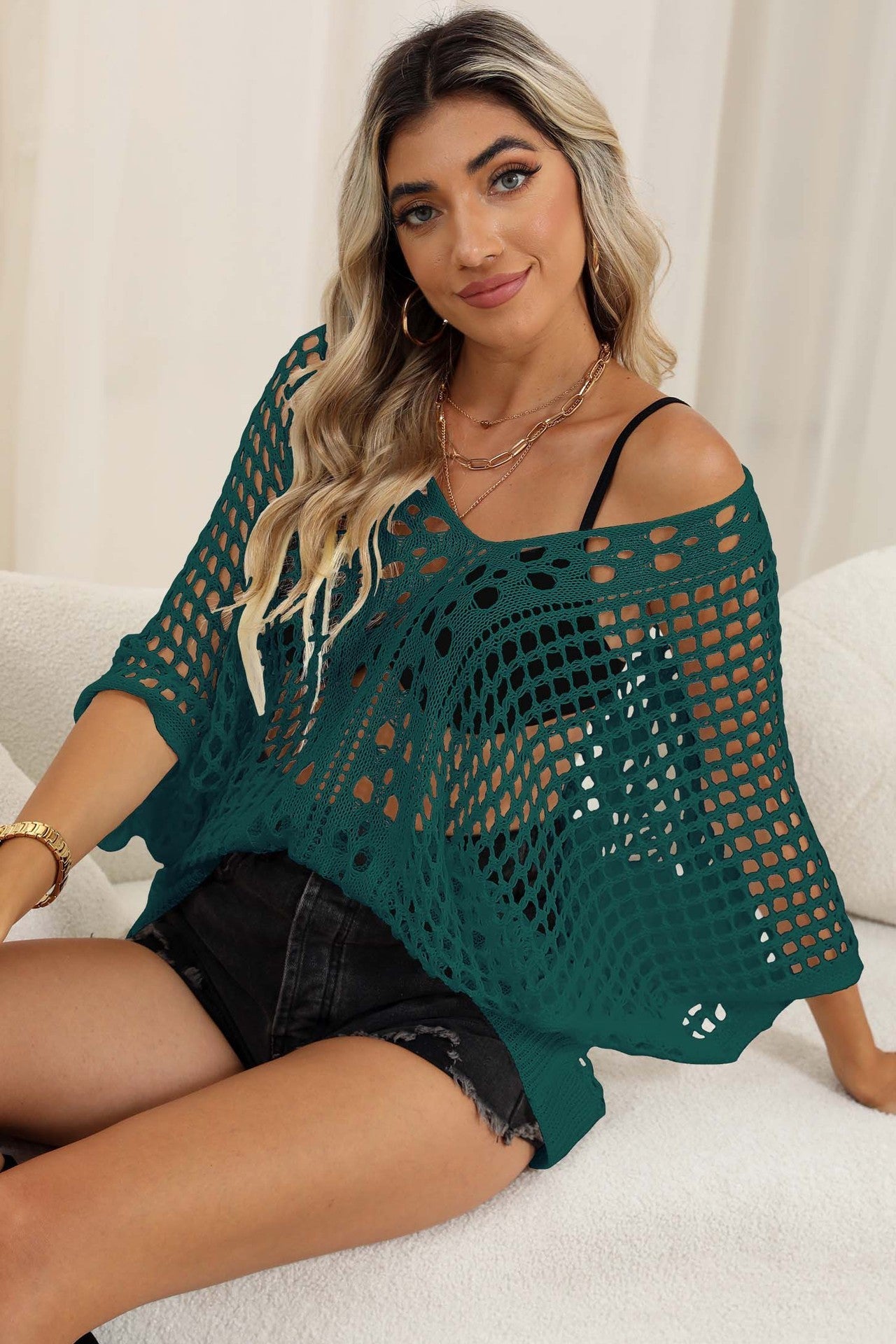 Women Bikini Cover Up Blouse Women Clothing Hollow Out Cutout Woven Shirt Batwing Sleeve Loose Casual Top Bella Mia