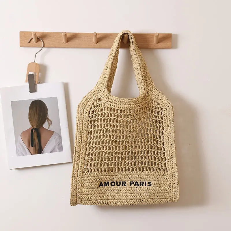 Summer Straw Woven Bag With Lace Up Pattern For Women Beach Vacation Bag Bella Mia