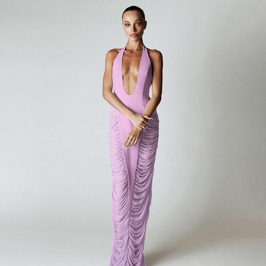 Summer Women Clothing Sexy Deep V Plunge neck Halter Stitching Mesh High Waist Dress Bella Mia