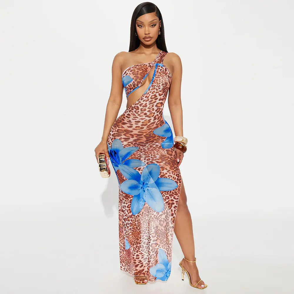 Women Clothing Diagonal Collar Hollow Out Cutout out See through Mesh Floral Print Dress Bella Mia