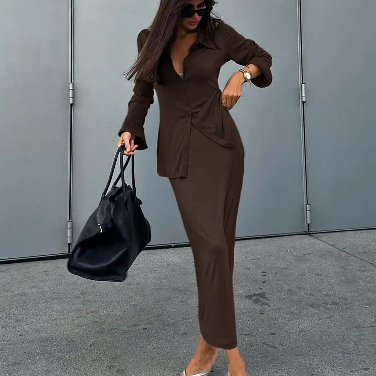 Women's Collared Flared Sleeve Cardigan Top Maxi Skirt Two Piece Set Bella Mia