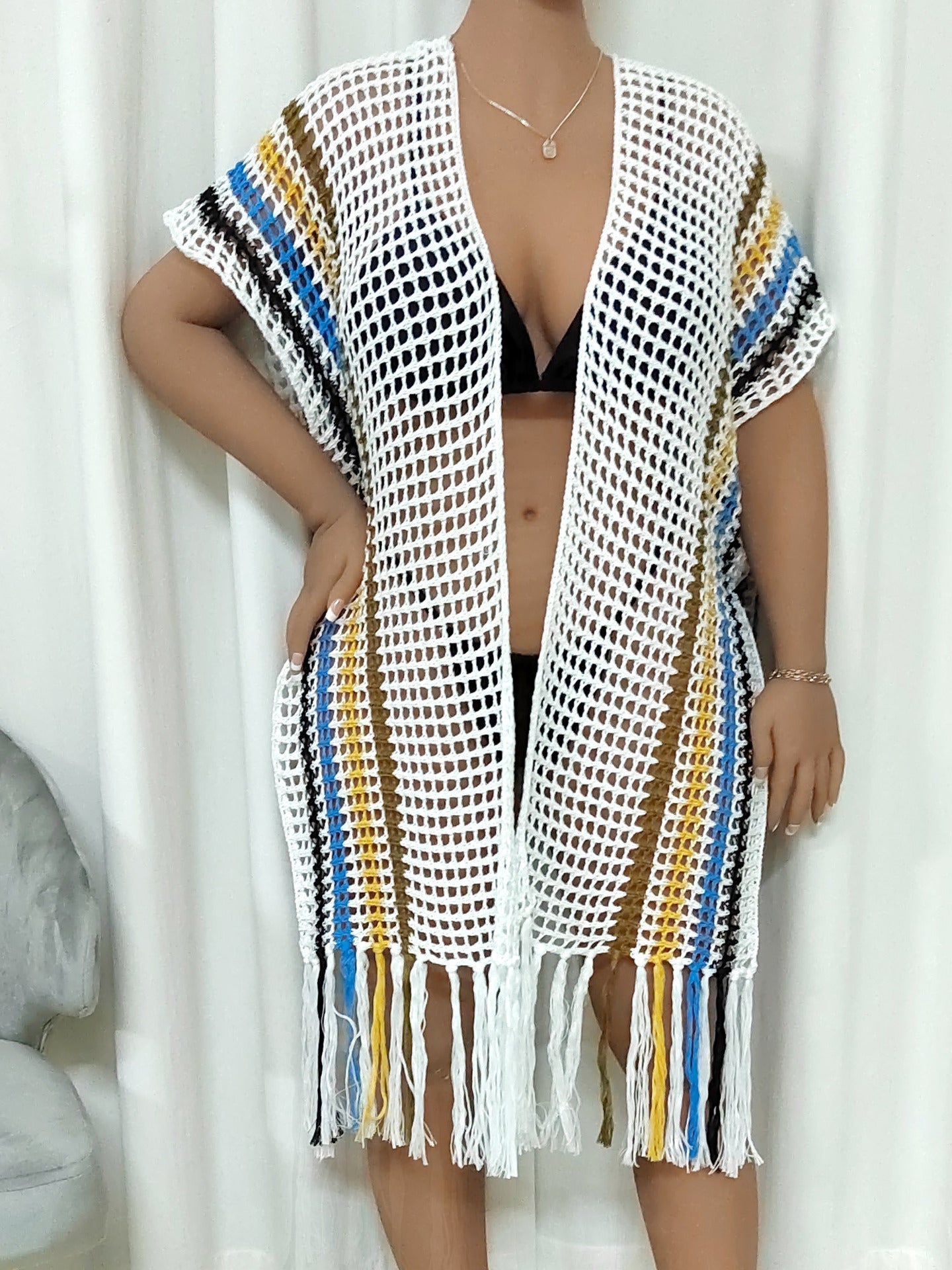 Beach Vacation Women Loose Woven Shirt Color Contrast Patchwork Tassel Shirt Beach Cover Up Bella Mia