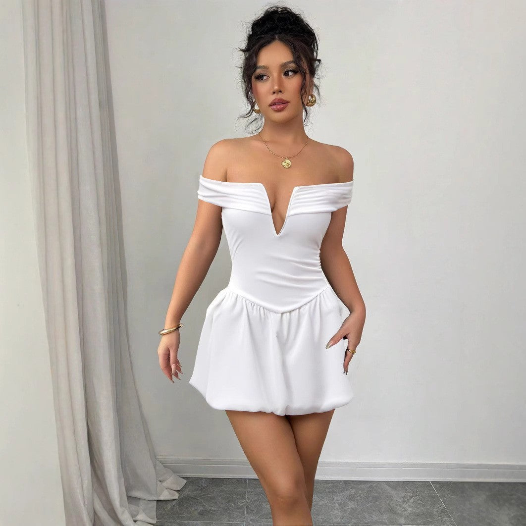 Summer off Shoulder Deep V Plunge neck Dress Arrival Pleated Raglan Sleeve Sexy Backless Dress Bella Mia