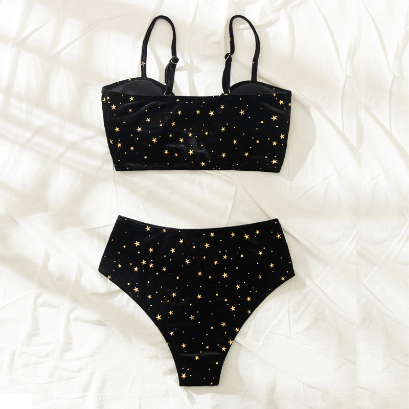 Swimsuit Women Summer Split High Waist Velvet Star Black Spring Swimsuit Bella Mia