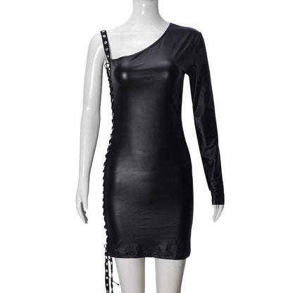 Women Clothing Dress Diagonal Collar Ribbon Hollow Out Cutout out Strap Single Side Long Sleeve Pullover Hip for Women