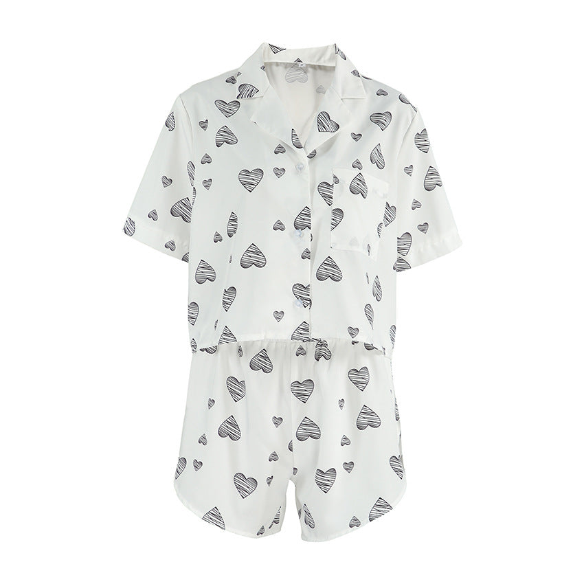 Spring Summer Heart Printing Cardigan Short Sleeve Split Shorts Pajamas Women Comfort Casual Home Wear Bella Mia
