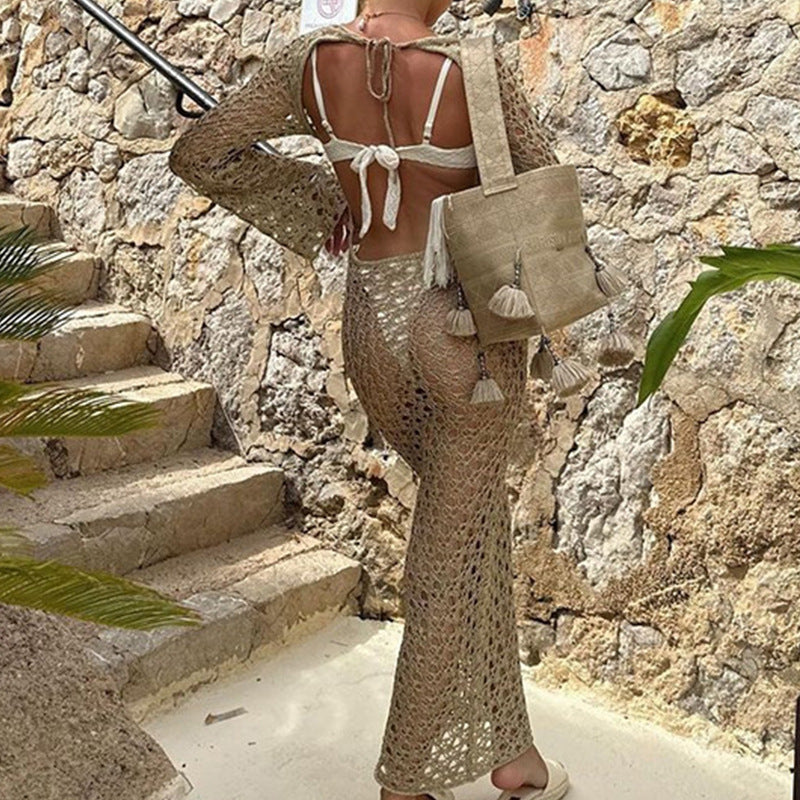 Women Clothes Sexy Hollow Out Cutout Long Sleeved round Neck Maxi Dress Holiday Beach Overskirt Crochet hook Bella Mia