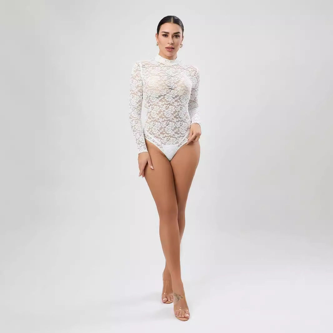 Sexy Lace Jumpsuit White Design Blouse Long Sleeve High Grade Women Clothing