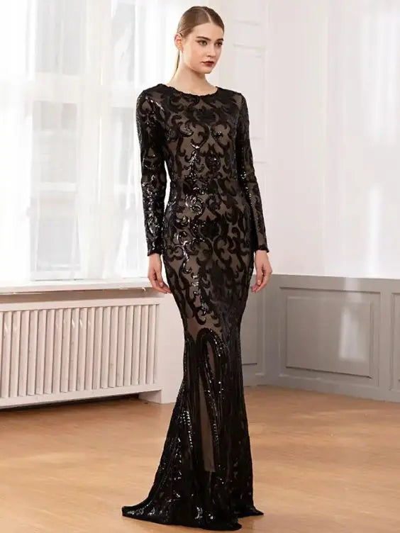 Black Long Sleeve Sequin Lace Maxi Dress For Formal Occasions Bella Mia