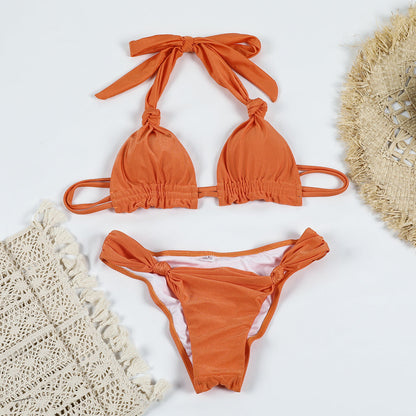Solid Color Knotted Sexy Lace Up Bikini Light Nylon Split Swimsuit Women