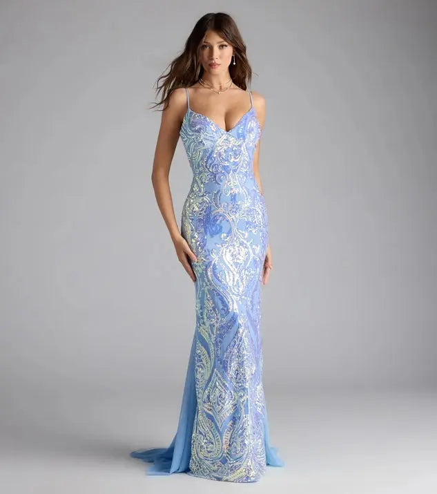 Blue Sequined V Neck Party Dress For Women Evening Bodycon Bella Mia