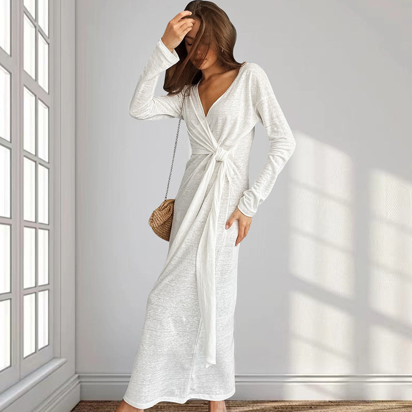 Autumn Comfort Loose Knitted Nightgown Breathable Long Sleeves Lace up Soft Outerwear Homewear Bella Mia