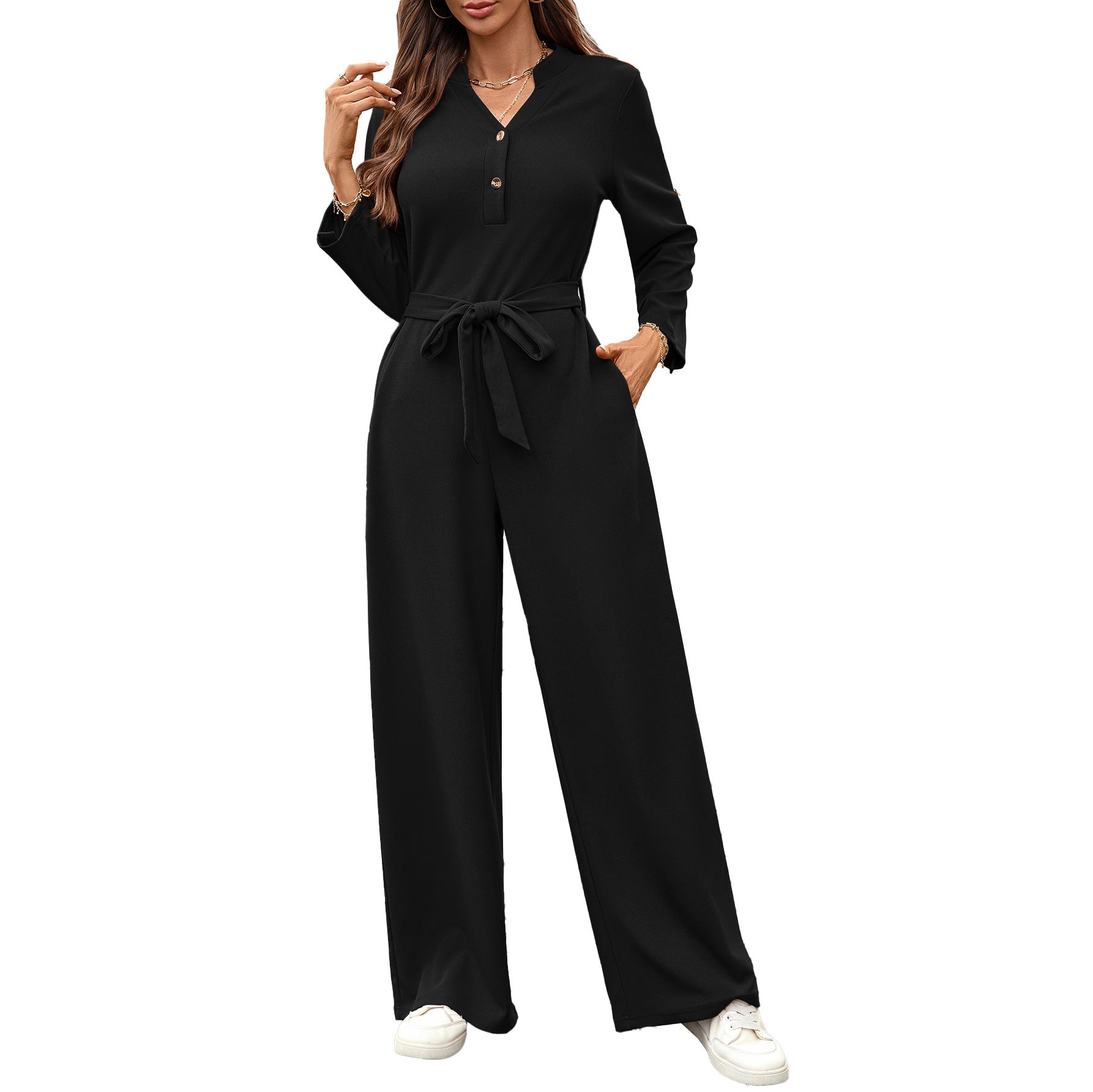 Spring Summer Solid Color High Waist Lace up Button Long Sleeve Loose Jumpsuit Bella Mia