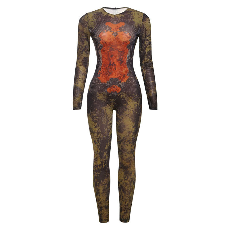 Summer Women Clothing Printed Sexy Mesh High Waist Slim Fit Zipper Long Sleeve Jumpsuit Bella Mia