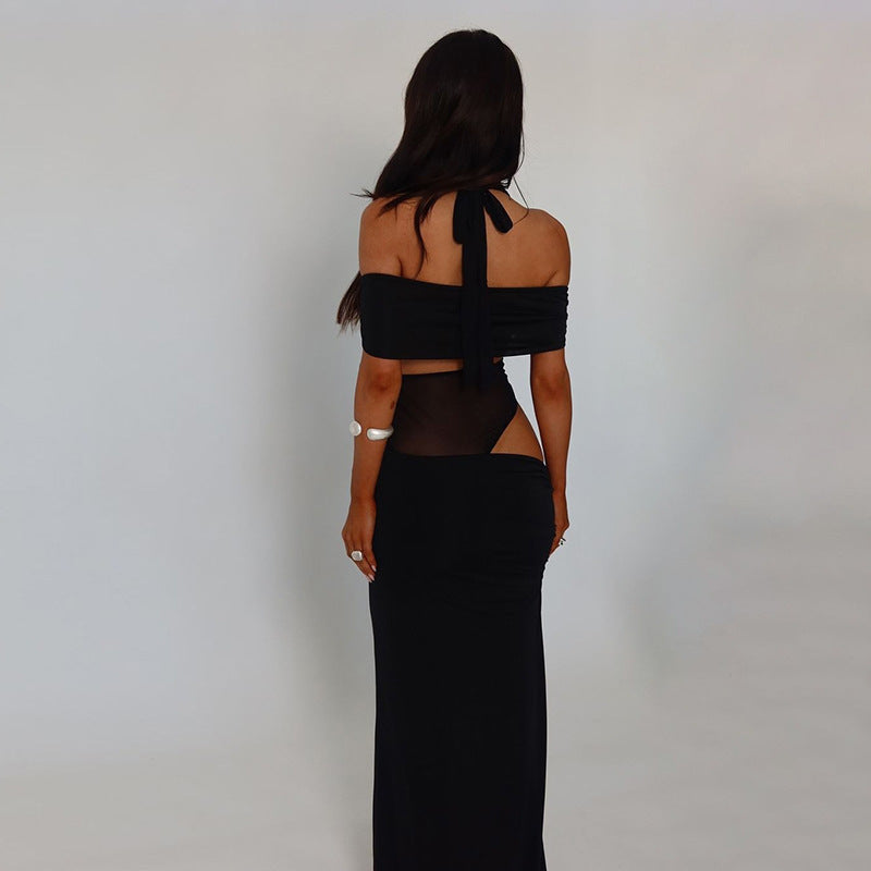 Spring Women Clothing Sexy Halter Mesh Slim Fit Patchwork Backless See through Dress Bella Mia