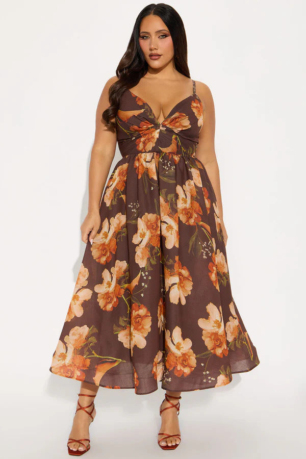 Summer Vacation Casual Spaghetti Strap Floral Print Slim Fit Large Dress Women Clothing Tea Break Dress