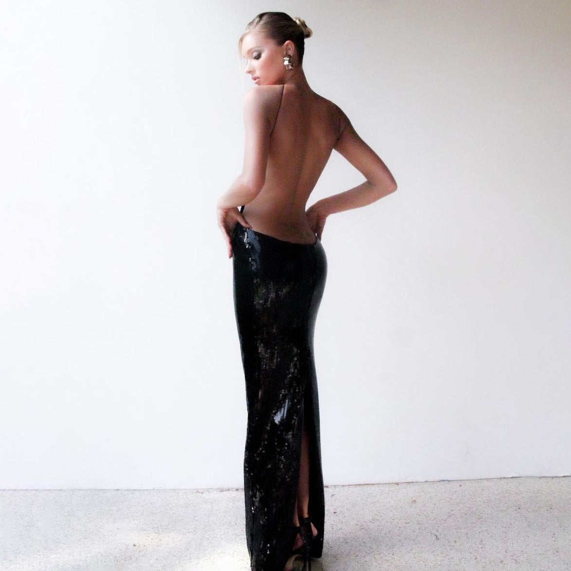 Summer Sexy Nightclub Cutout Halter Backless Sequin Maxi Dress Women Clothing Dress Bella Mia