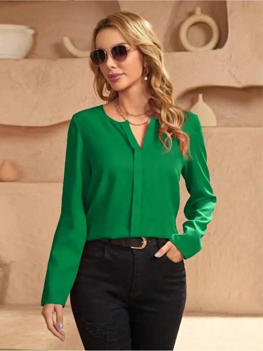 Elegant Satin Blouse For Women Spring Fall Loose Fit V Neck Long Sleeve Bella Mia