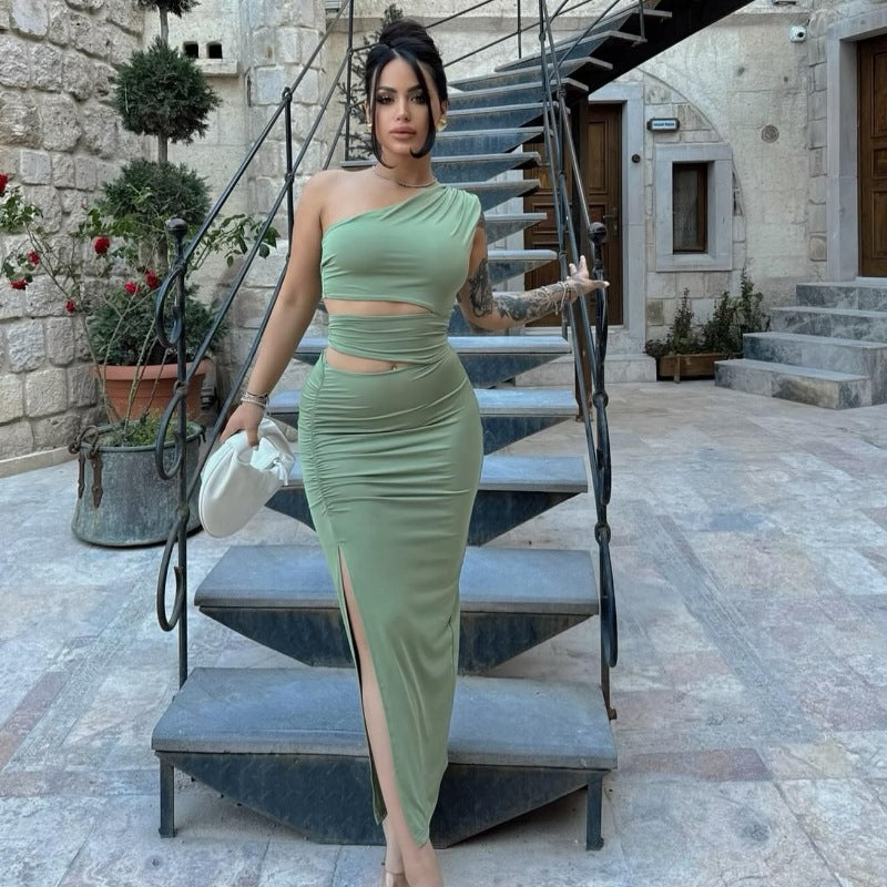 Solid Color Slim Fit Oblique Shoulder Sexy Cutout Sexy Split Irregular Asymmetric Dress Bella Mia