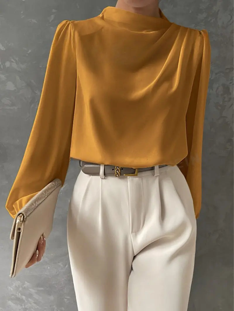 Solid Color Pleated Women Shirt Elegant Pullover Satin Top Office Long Sleeve Top Bella Mia