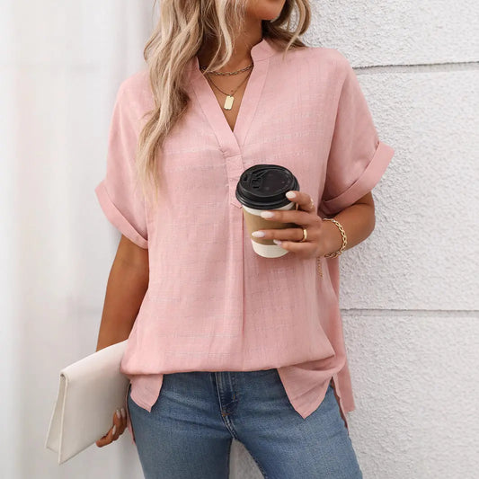 Pink V Neck Short Sleeve Polyester Solid Blouse Loose Fit Casual Summer Shirt Bella Mia