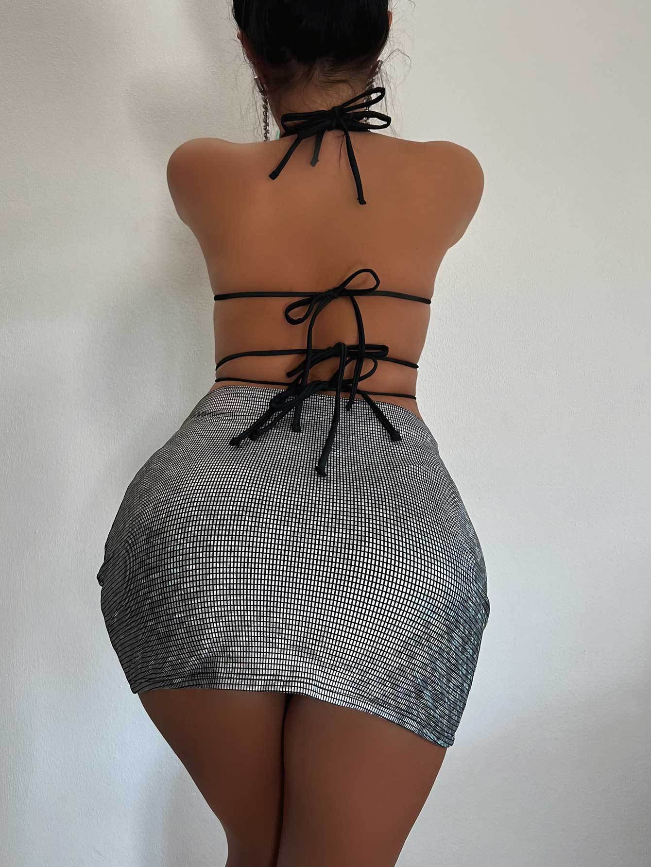 Sexy Lace up Bra Top with Shorts Skirt Outfit Ladies Three Piece Set Casual Suit Bella Mia