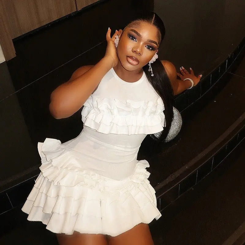 Women Clothing Solid Color Frillies Swing Hip Round Neck Sleeveless Sexy Dress Bella Mia