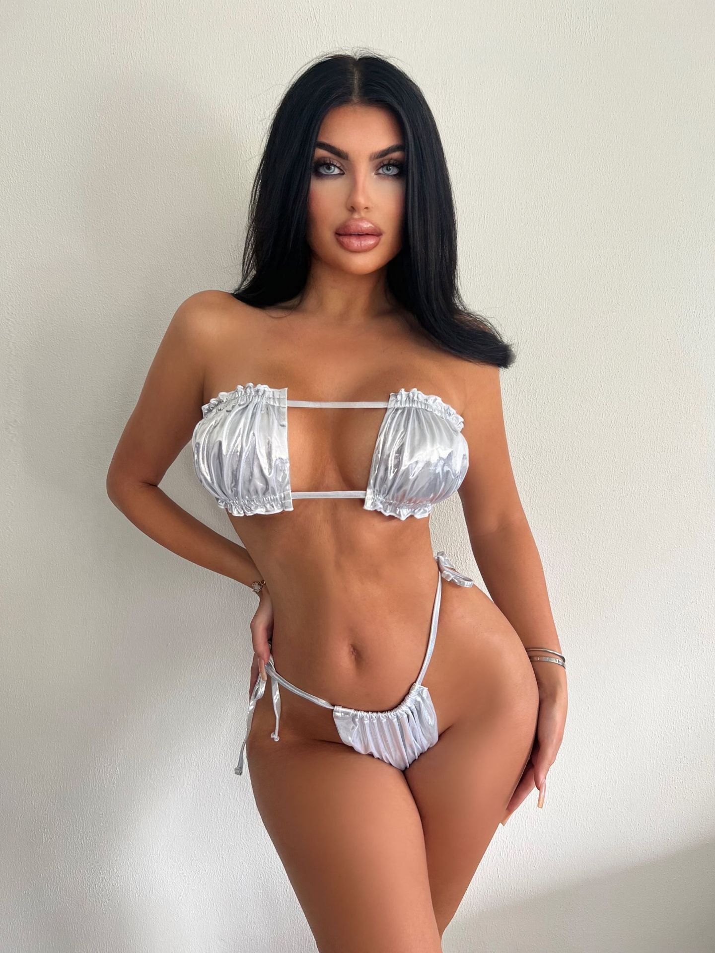 Bikini Bronzing Lace Pleated Tube Top Split Swimsuit Women Backless Lace up Bikini Bella Mia