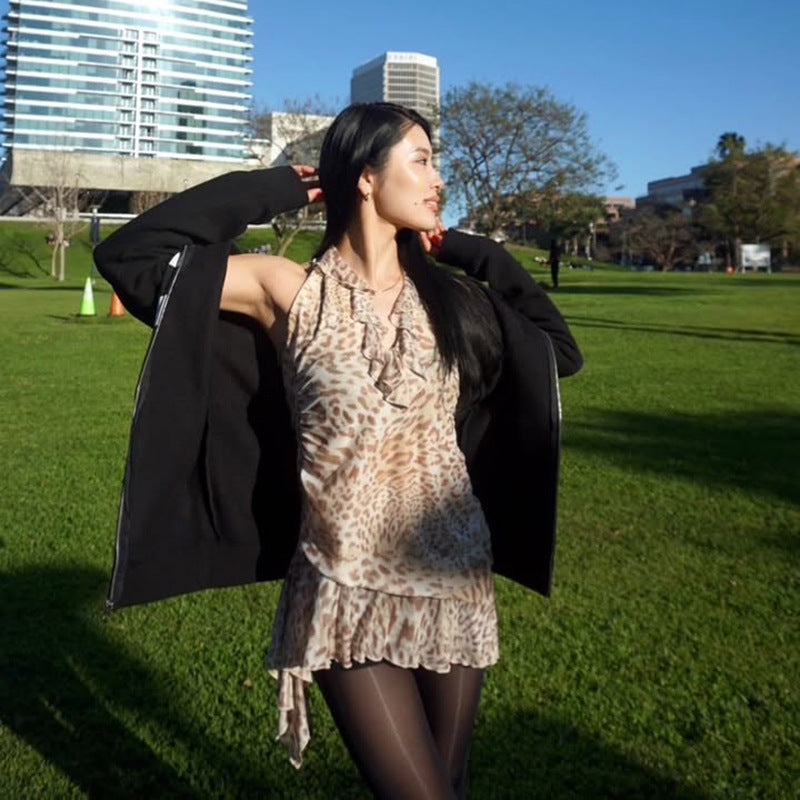 Spring Summer Women Clothing Personalized Leopard Print Printed Sexy Halter Lace up Backless Slim Fit Dress Bella Mia