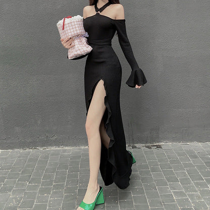 Women Clothing Sexy One Sleeve Tube Top Halter Tied Dress Ruffled Split Sexy Dress for Women
