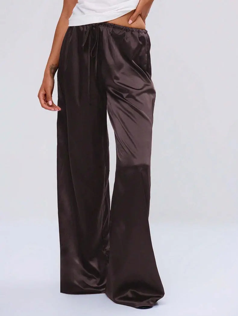 Women Clothing Trendy Autumn Satin Satin Casual Pants Loose Wide Leg Drawstring Long Pants Bella Mia