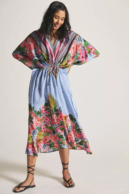 Positioning Two-Head Printed Pull-Belt Blouse Holiday Casual Beach Bikini Cover