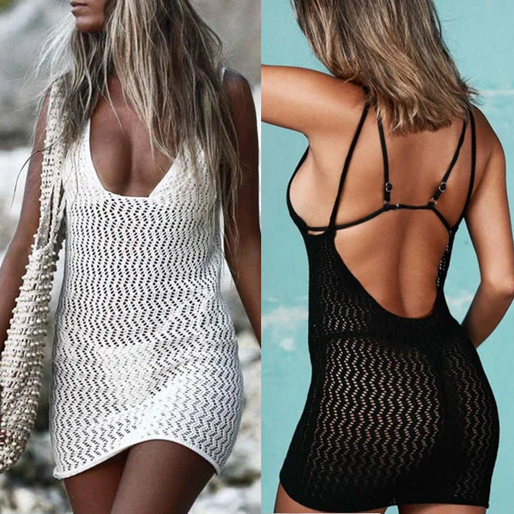 Hollow Out Cutout Strap Dress Sexy Solid Color Backless Sun-Proof Vacation Beach Dress Swimsuit Blouse Crochet hook Bella Mia