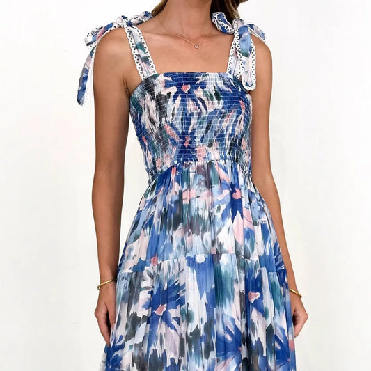 Spring Summer Floral Printed Sling Smocking Elastic Waist Knotted Shoulder Strap Large Swing Dress Long Bella Mia