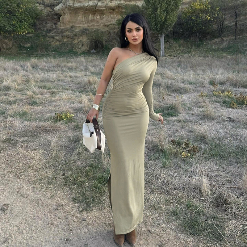 Autumn Elegant Sexy Slim Shoulder Pleated Single Layer Sleeves Dress Women Bella Mia