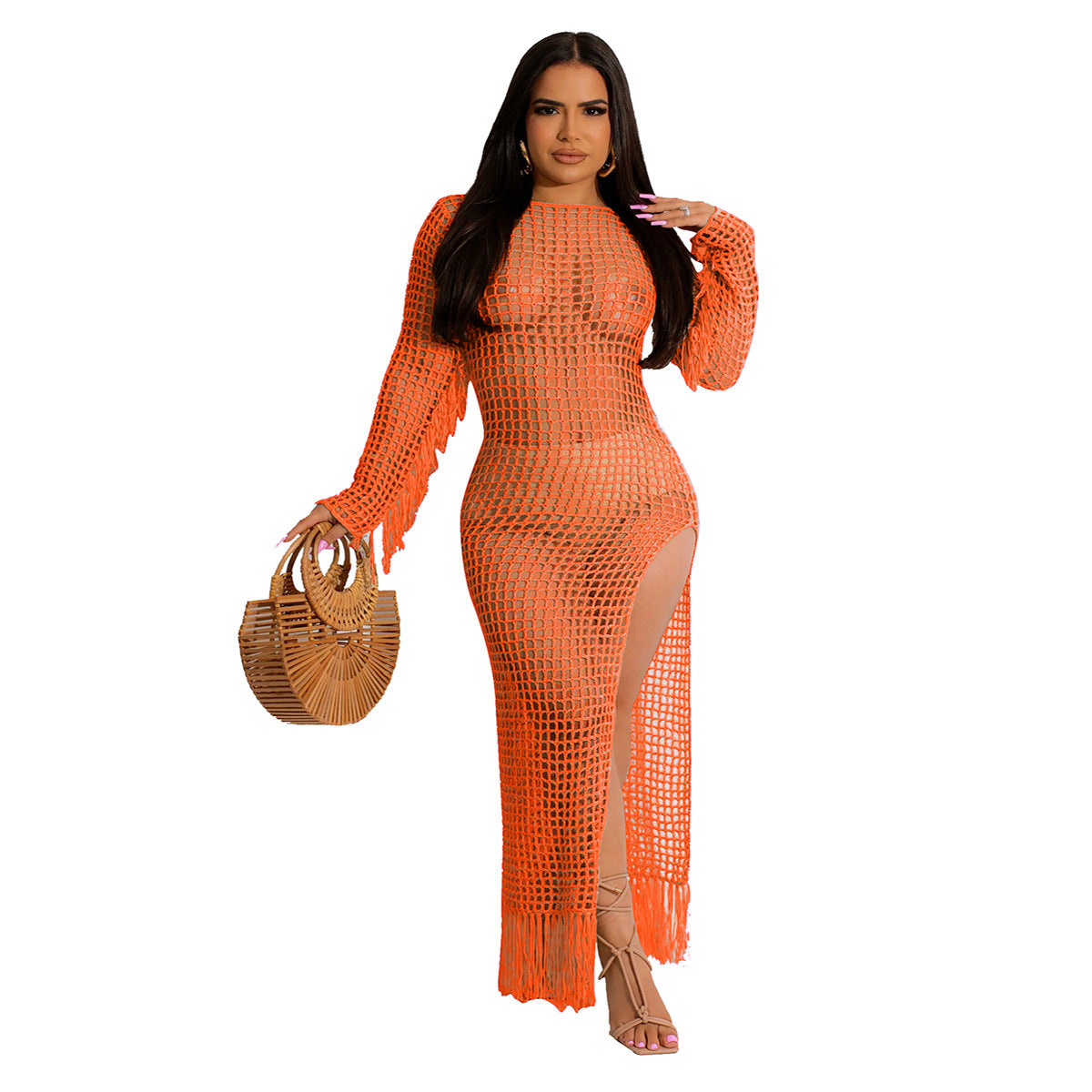 Women Clothing Sexy Solid Color Handmade Knitted Tassel Beach Dress Bella Mia