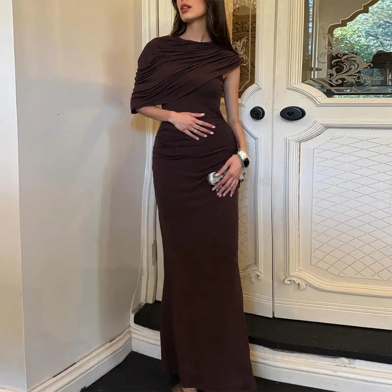 Womens Summer Mock Neck Maxi Dress Oblique Shoulder Ruched Asymmetric Bodycon Bella Mia