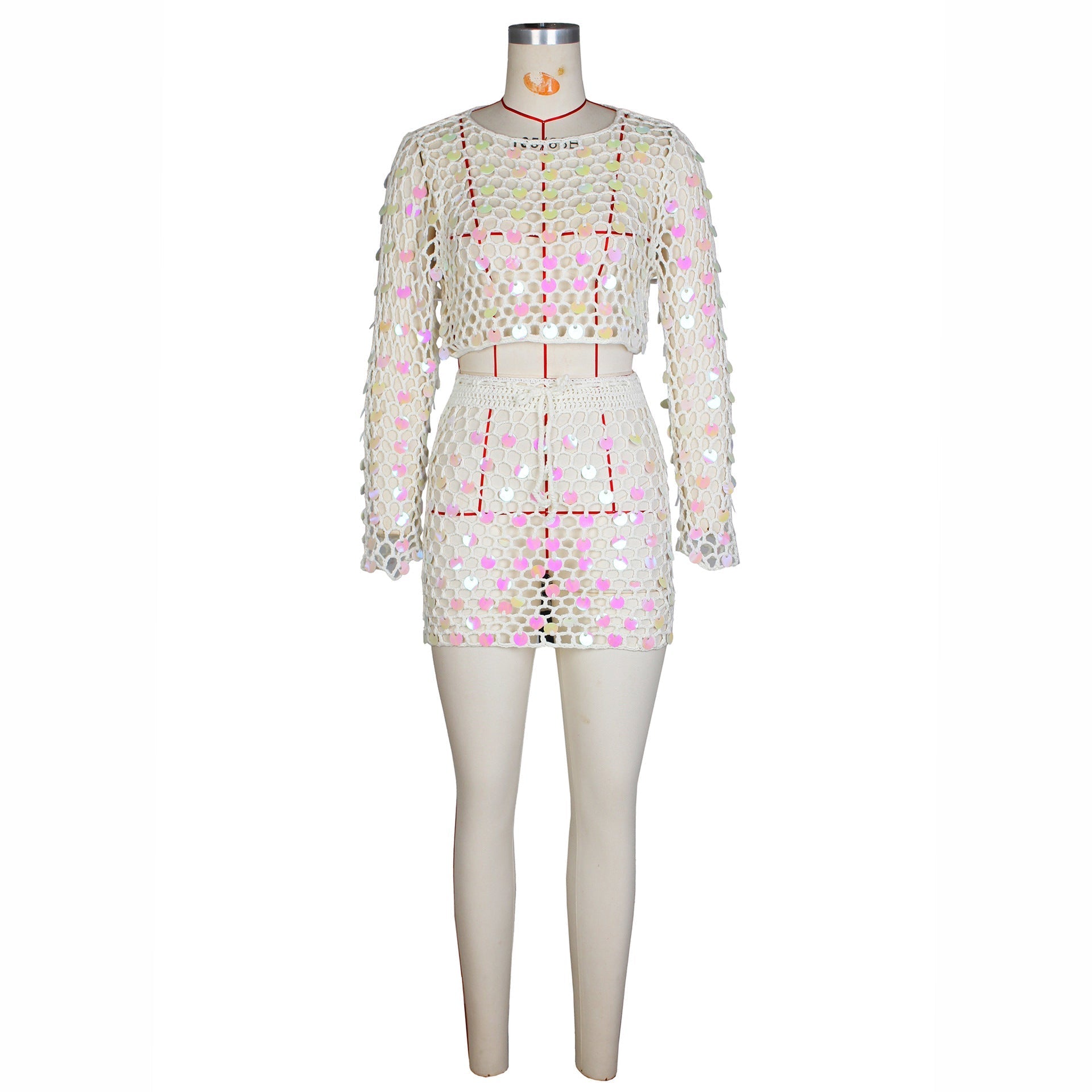 Sexy Women Handmade Crocheted Sequined Skirt Two Piece Beach Skirt Set Bella Mia