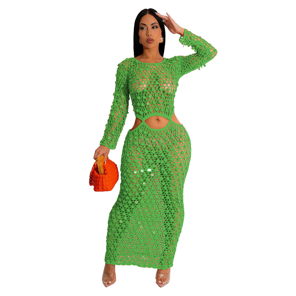 Women Clothing Handmade Knit Casual Cutout out Sequin Beach Dress Bella Mia