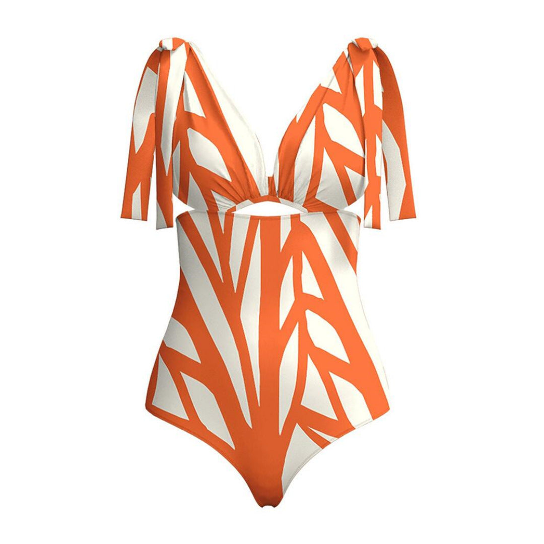 One Piece Swimsuit Women Color Striped Printing Hollow Out Cutout Deep V Plunge Covering Belly Thin Bikini Bella Mia