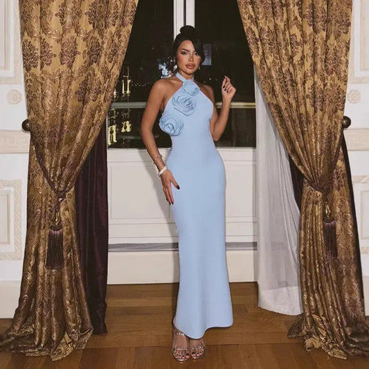 Women Three Dimensional Floral Halter Backless Bodycon Maxi Dress For Party Club Bella Mia