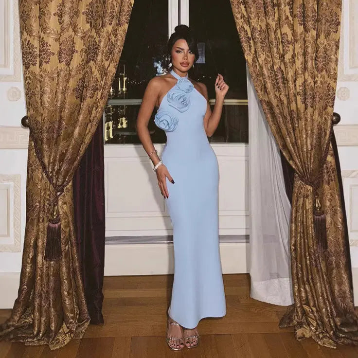 Women Three Dimensional Floral Halter Backless Bodycon Maxi Dress For Party Club Bella Mia