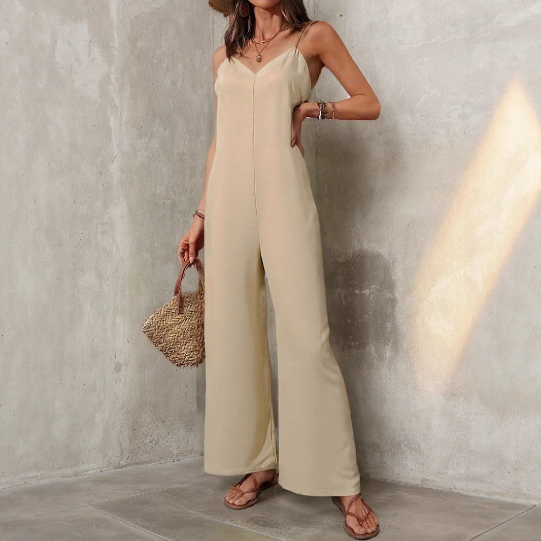 Women Clothing Solid Color Casual Sleeveless Sling Jumpsuit Simple Loose Wide Leg Pants Jumpsuit Bella Mia