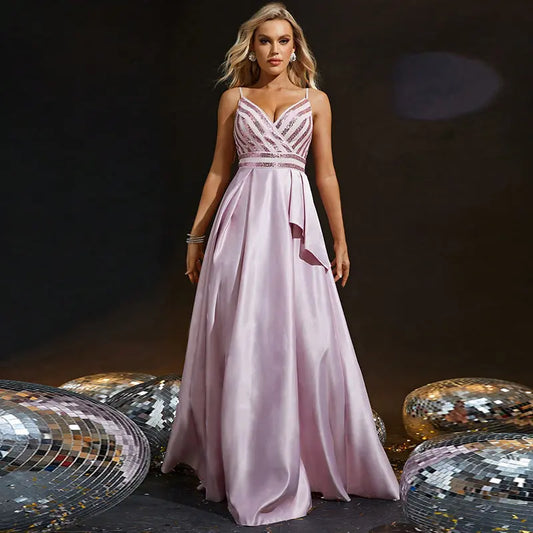 High End Evening Dress Women Cocktail Maxi Dress V neck Brace Host Bella Mia