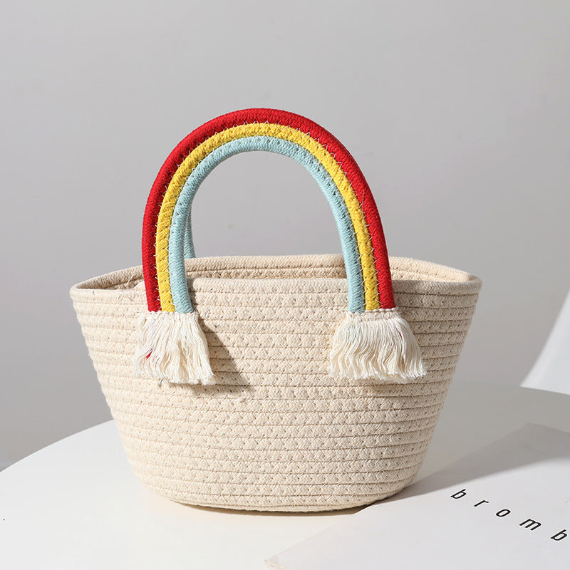 Cute Rainbow Clouds Handbag Handmade Cotton Thread Woven Bag Seaside Vacation Beach Bag Straw Bag Bella Mia