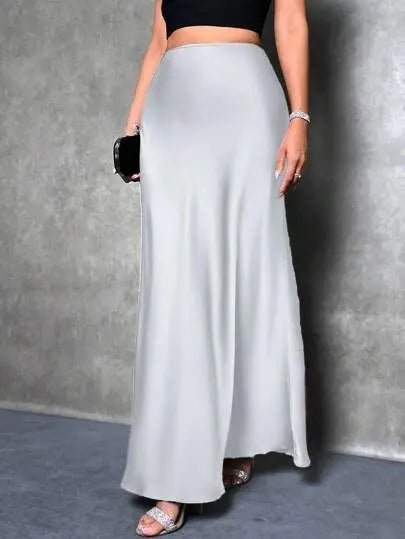 Satin A Line Maxi Skirt For Women Slim Zipper Solid Pattern Seasonless Bella Mia
