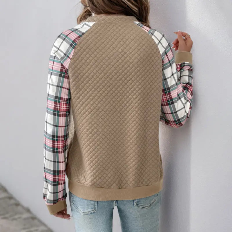 Casual Retro Cardigan Zipper Plaid Stitching Diamond Patterns Fabric Sweatshirts Bella Mia