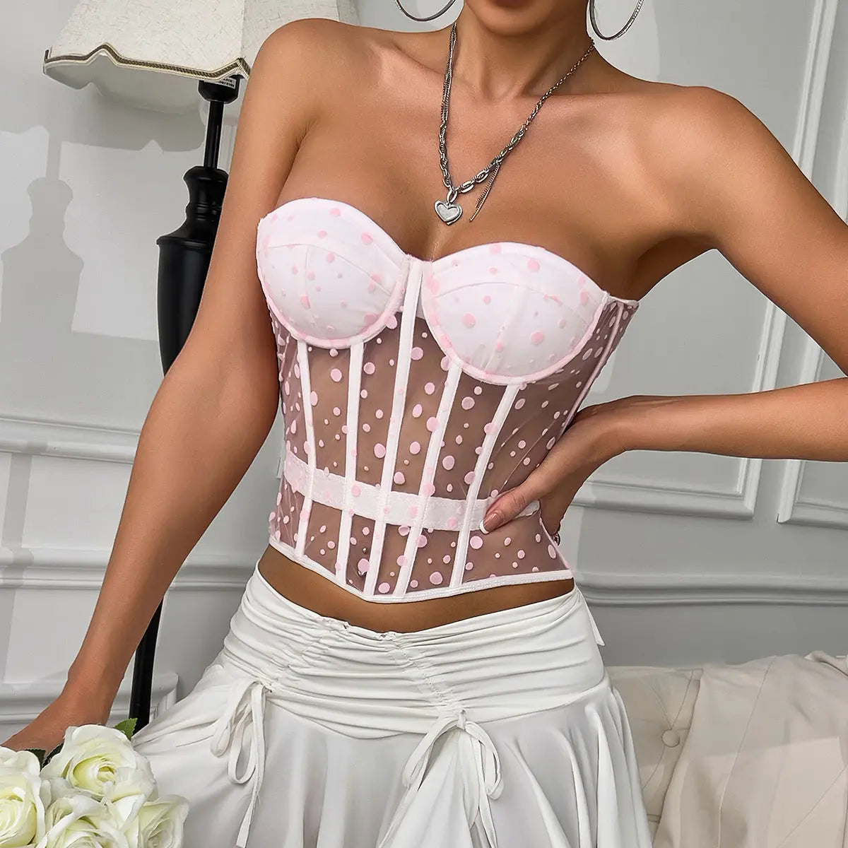Sexy Women Clothing Spring Summer Pink with Dots Sexy Boning Corset Waist Shaping Wrapped Chest Vest Bella Mia